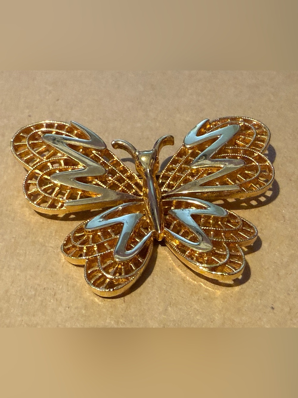 Gold Butterfly Brooch Vintage Vendome with White Accent